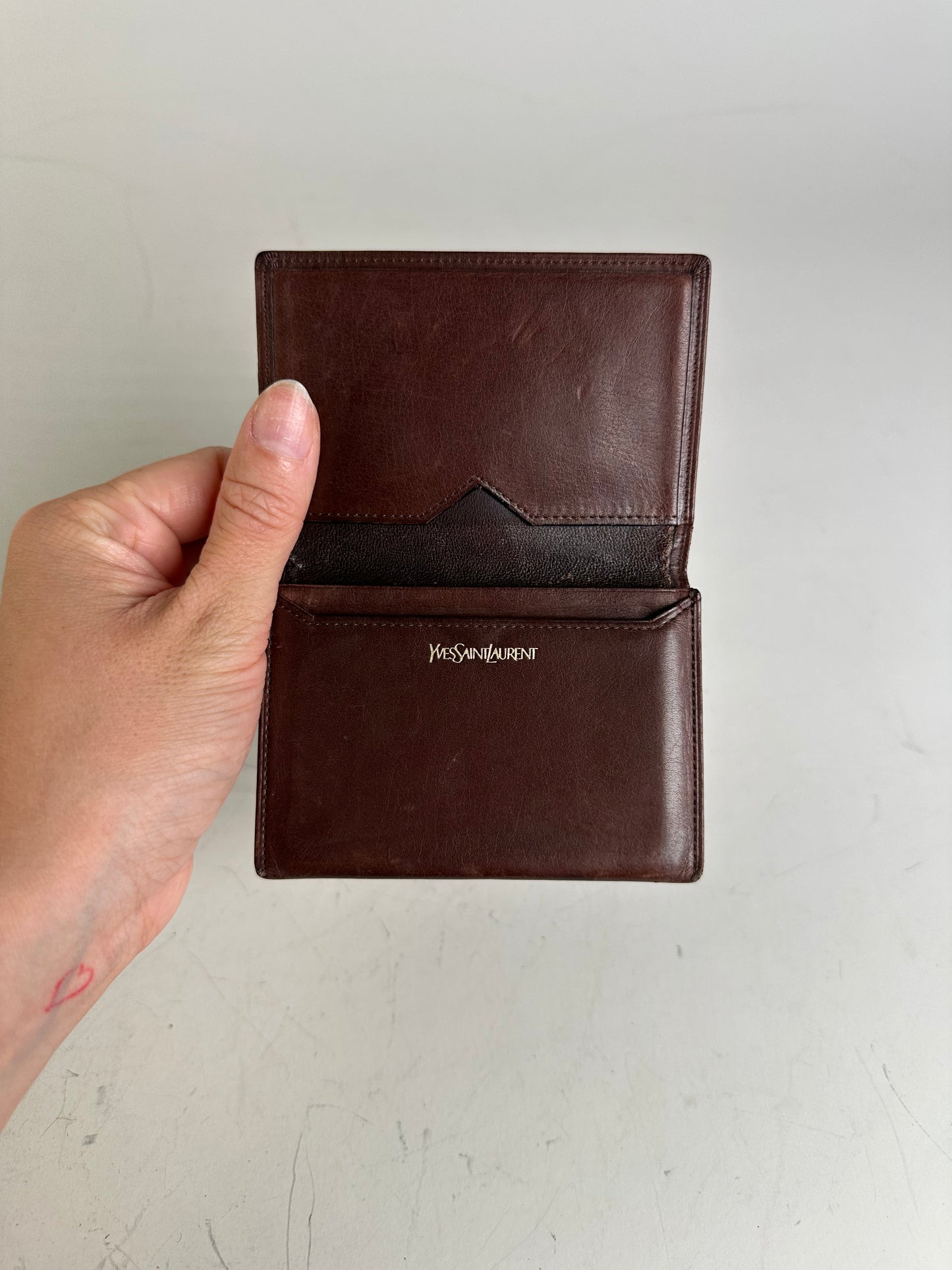 Vintage Yves Saint Laurent Leather Card Holder Dark Brown Gold