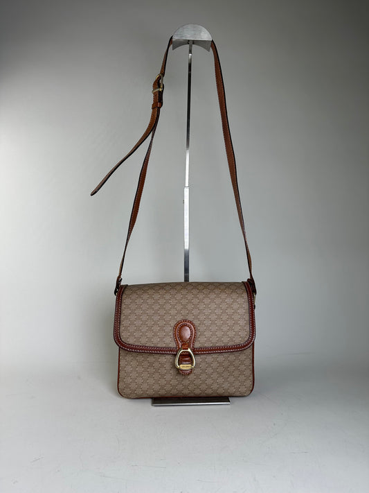 Vintage Celine Monogram Canvas Crossbody Bag Beige Brown Gold