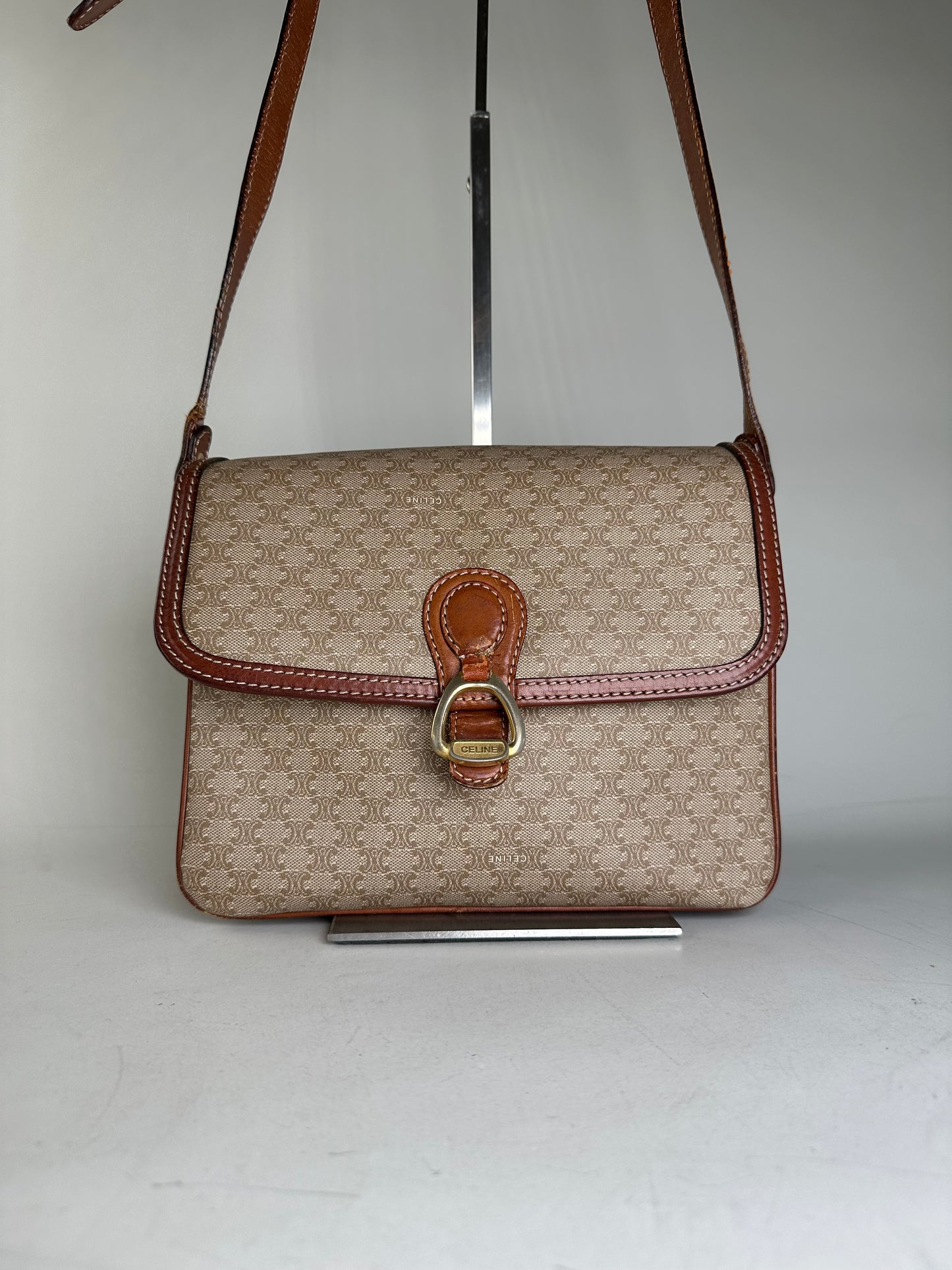 Vintage Celine Monogram Canvas Crossbody Bag Beige Brown Gold