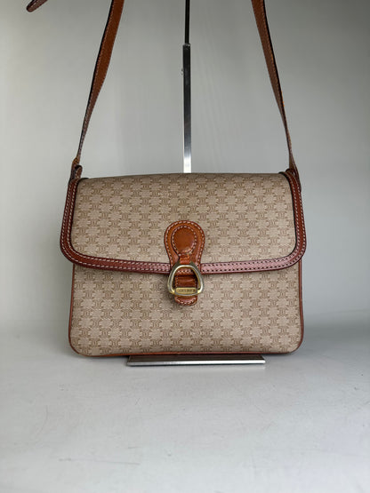 Vintage Celine Monogram Canvas Crossbody Bag Beige Brown Gold