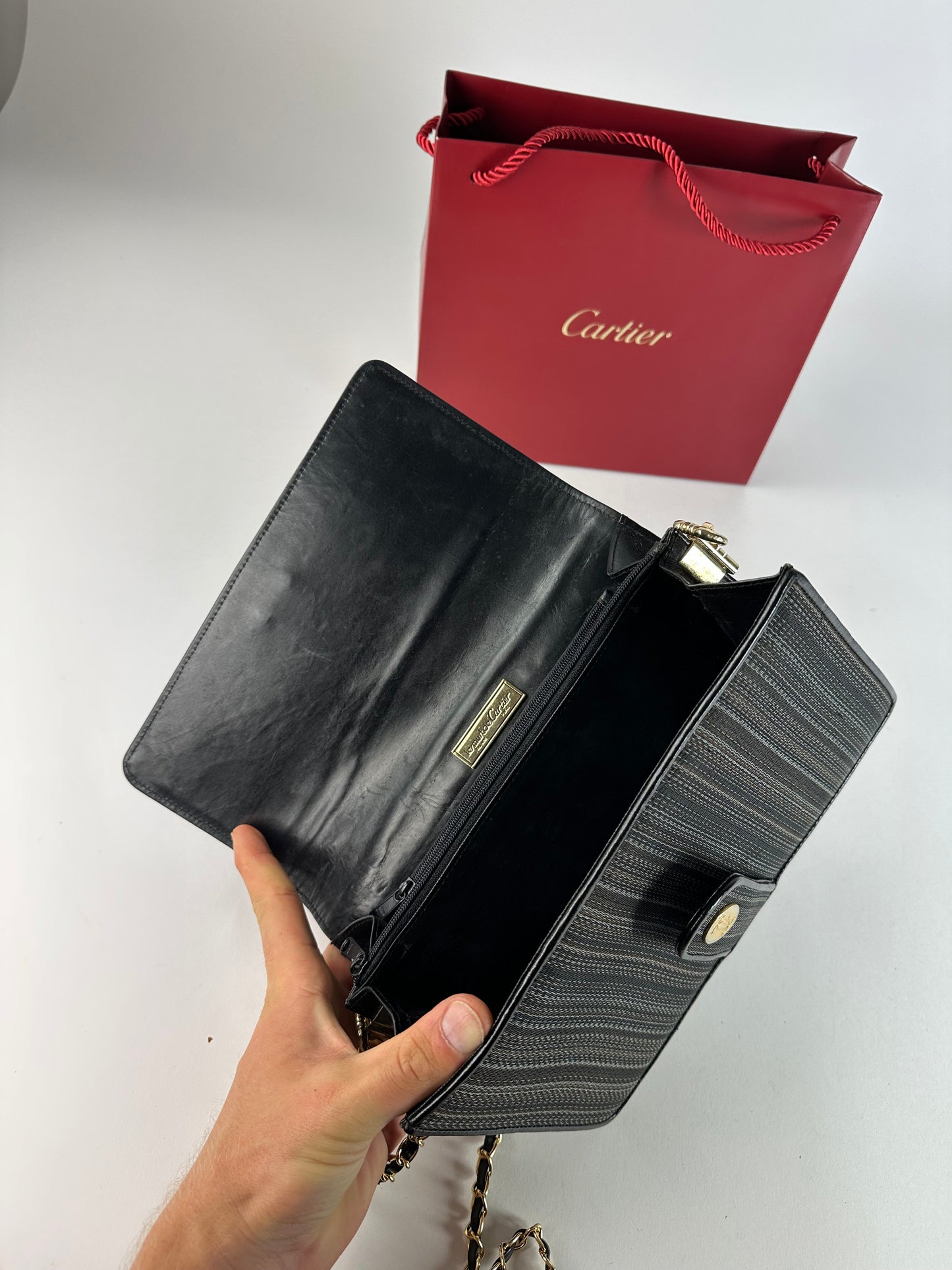 Vintage Cartier Chain Shoulder Bag Black Grey Gold