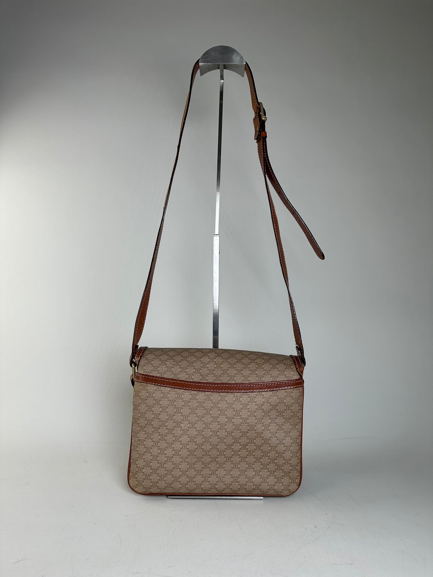 Vintage Celine Monogram Canvas Crossbody Bag Beige Brown Gold