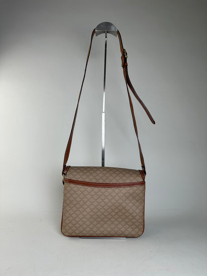 Vintage Celine Monogram Canvas Crossbody Bag Beige Brown Gold
