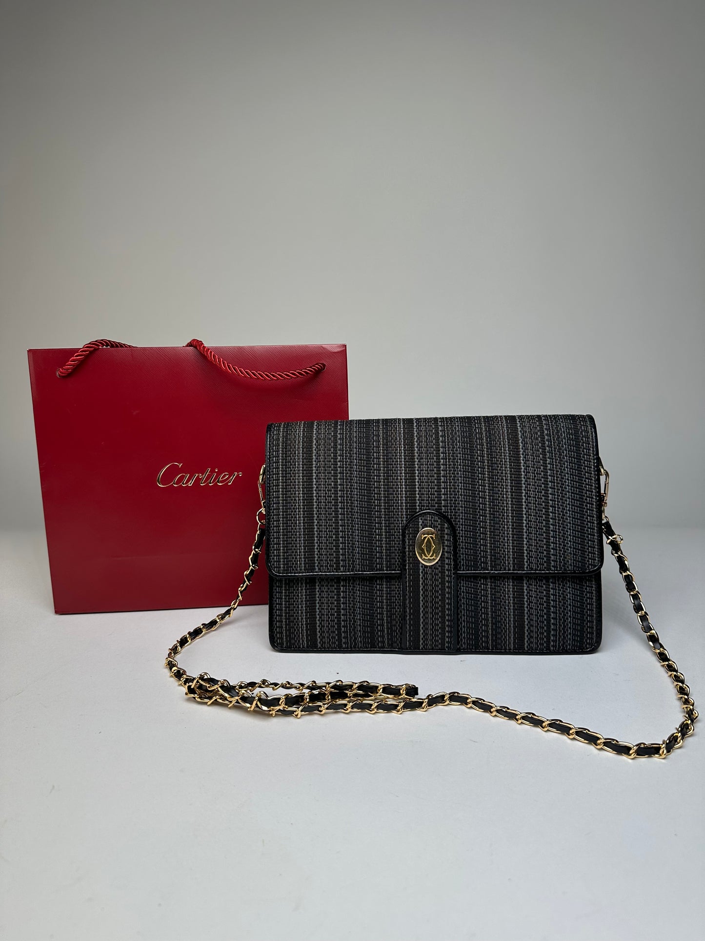 Vintage Cartier Chain Shoulder Bag Black Grey Gold