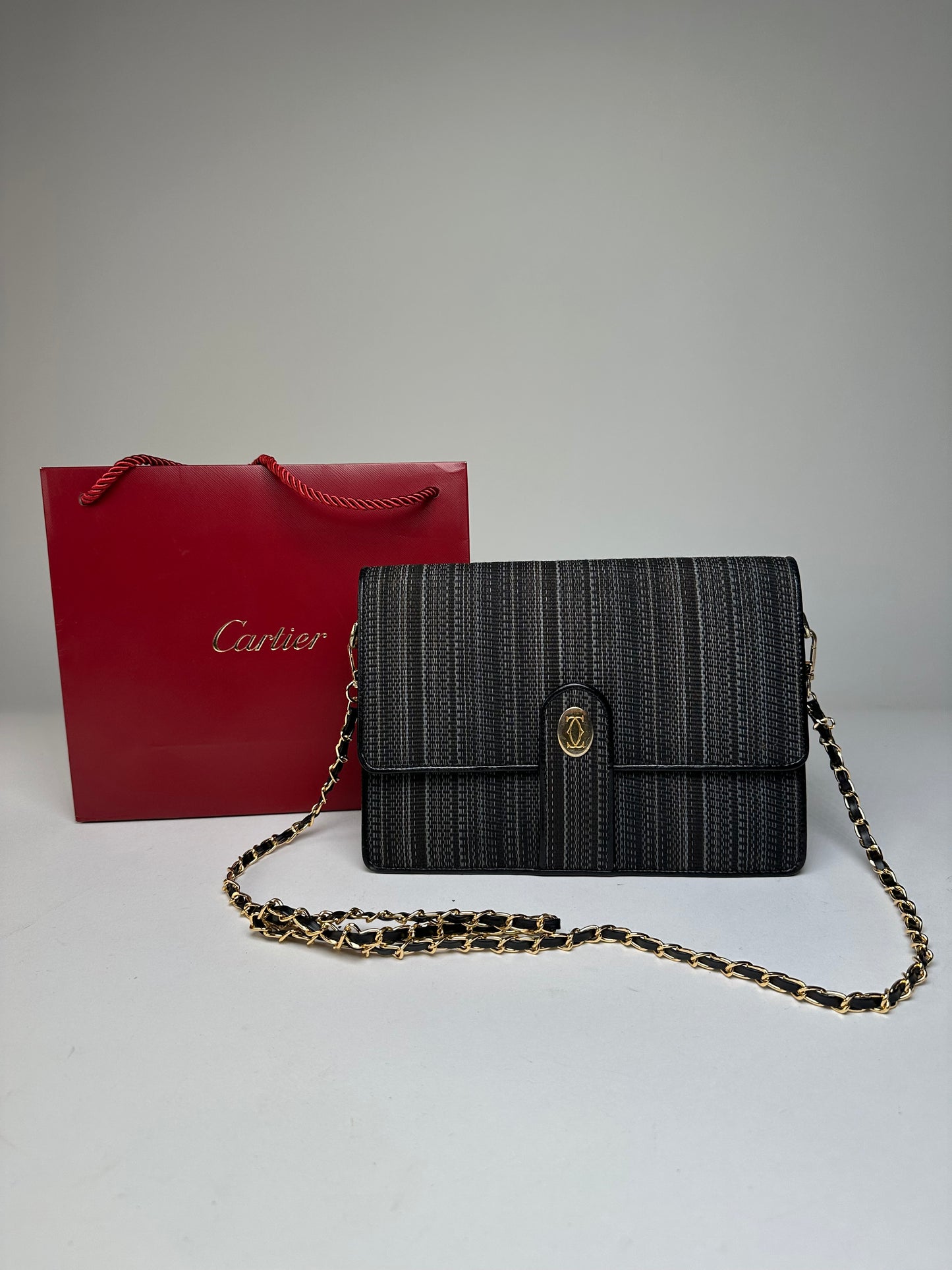 Vintage Cartier Chain Shoulder Bag Black Grey Gold