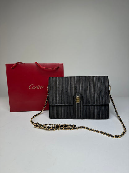 Vintage Cartier Chain Shoulder Bag Black Grey Gold