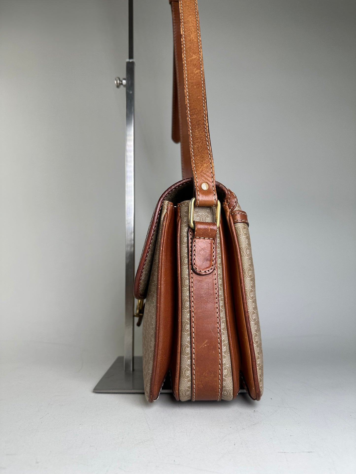 Vintage Celine Monogram Canvas Crossbody Bag Beige Brown Gold