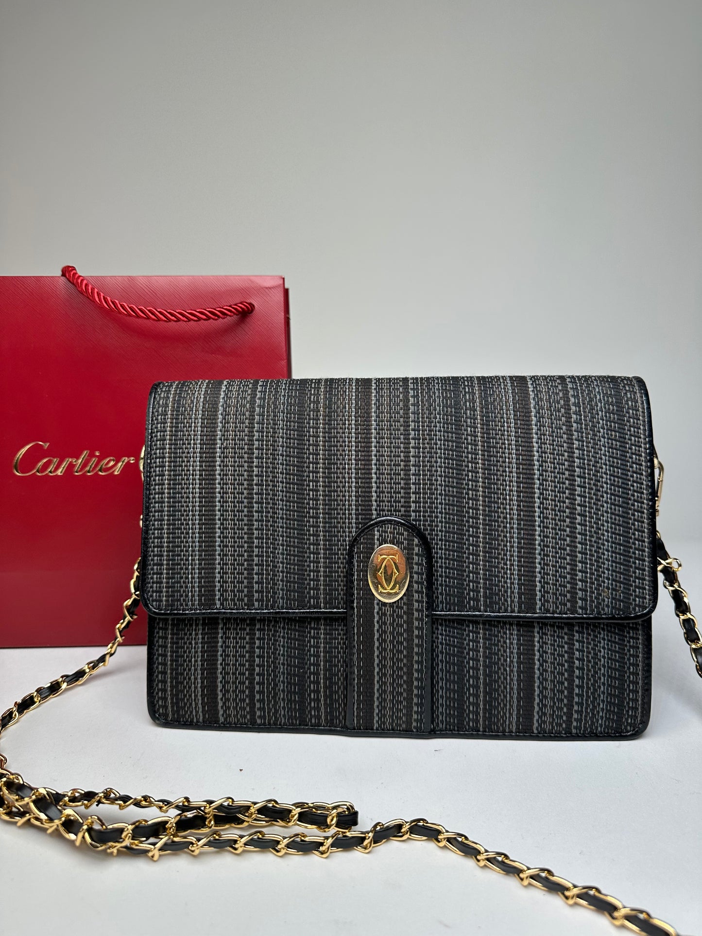 Vintage Cartier Chain Shoulder Bag Black Grey Gold