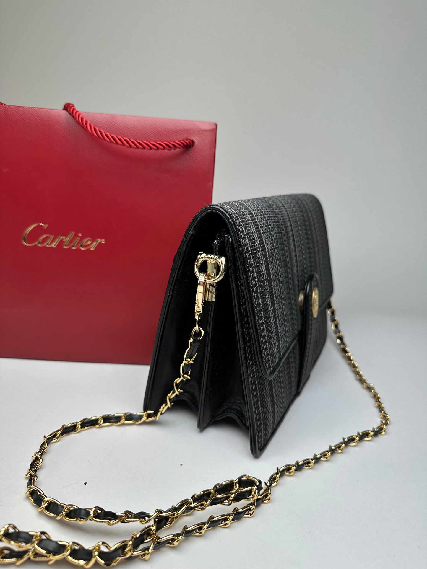 Vintage Cartier Chain Shoulder Bag Black Grey Gold
