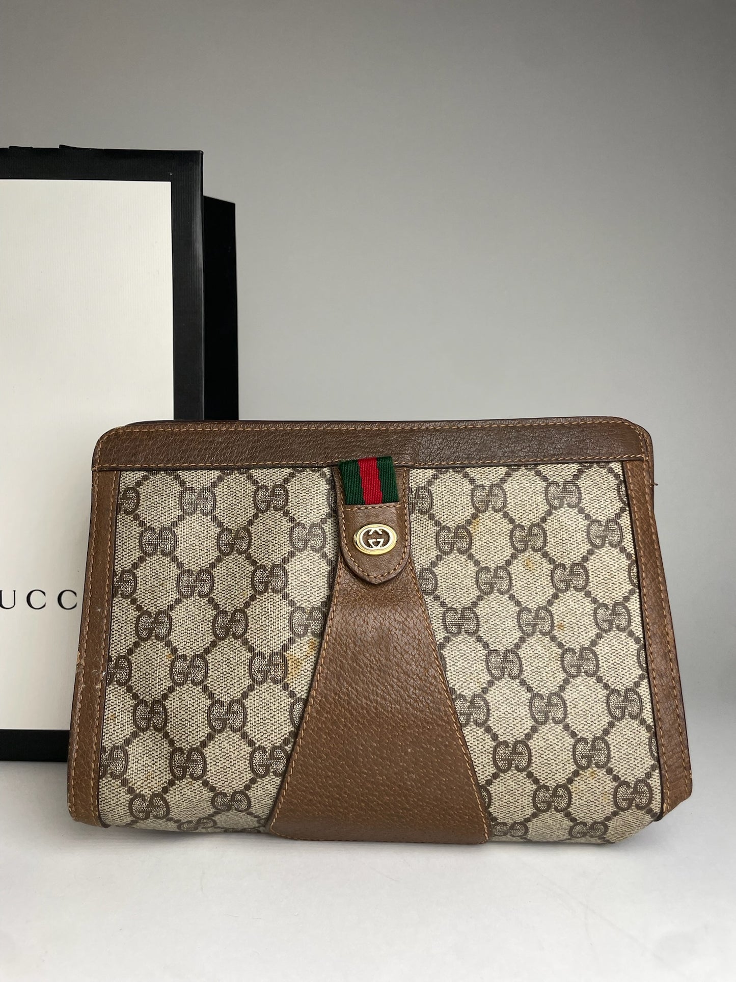 Vintage Gucci Ophidia Leather Clutch Grey Brown