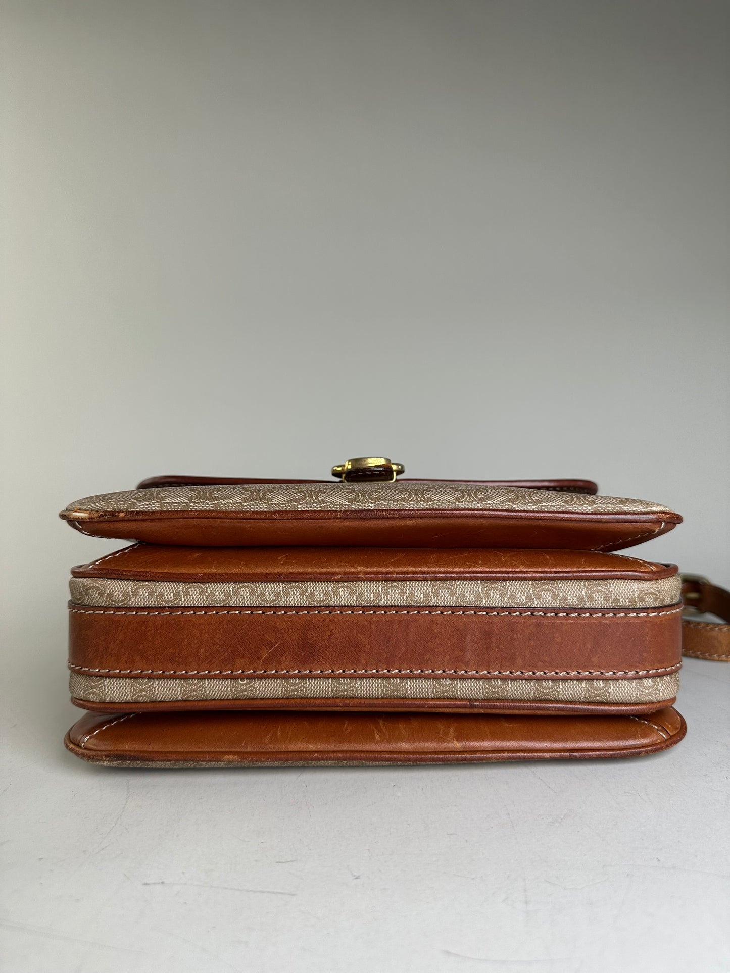 Vintage Celine Monogram Canvas Crossbody Bag Beige Brown Gold