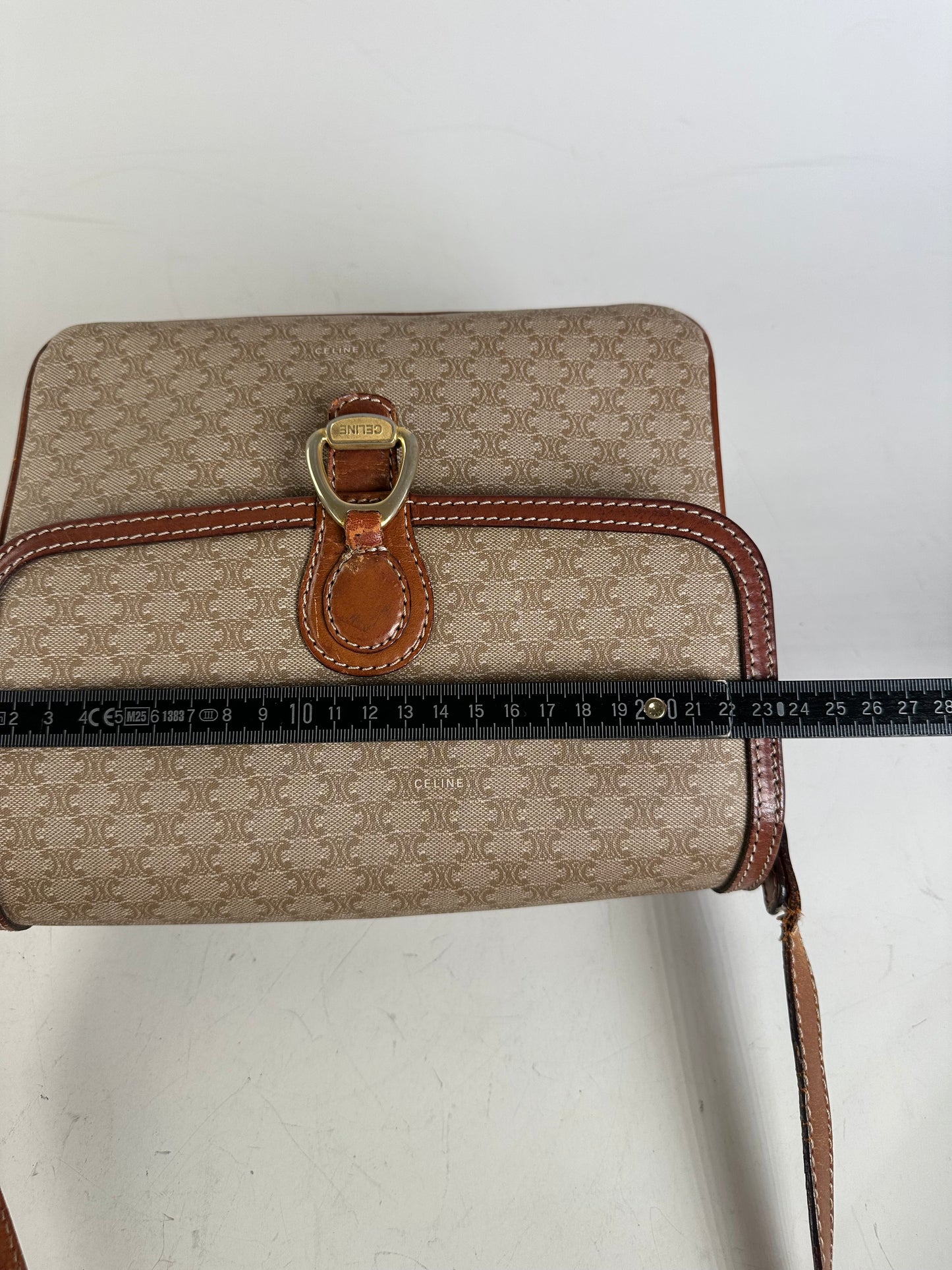 Vintage Celine Monogram Canvas Crossbody Bag Beige Brown Gold