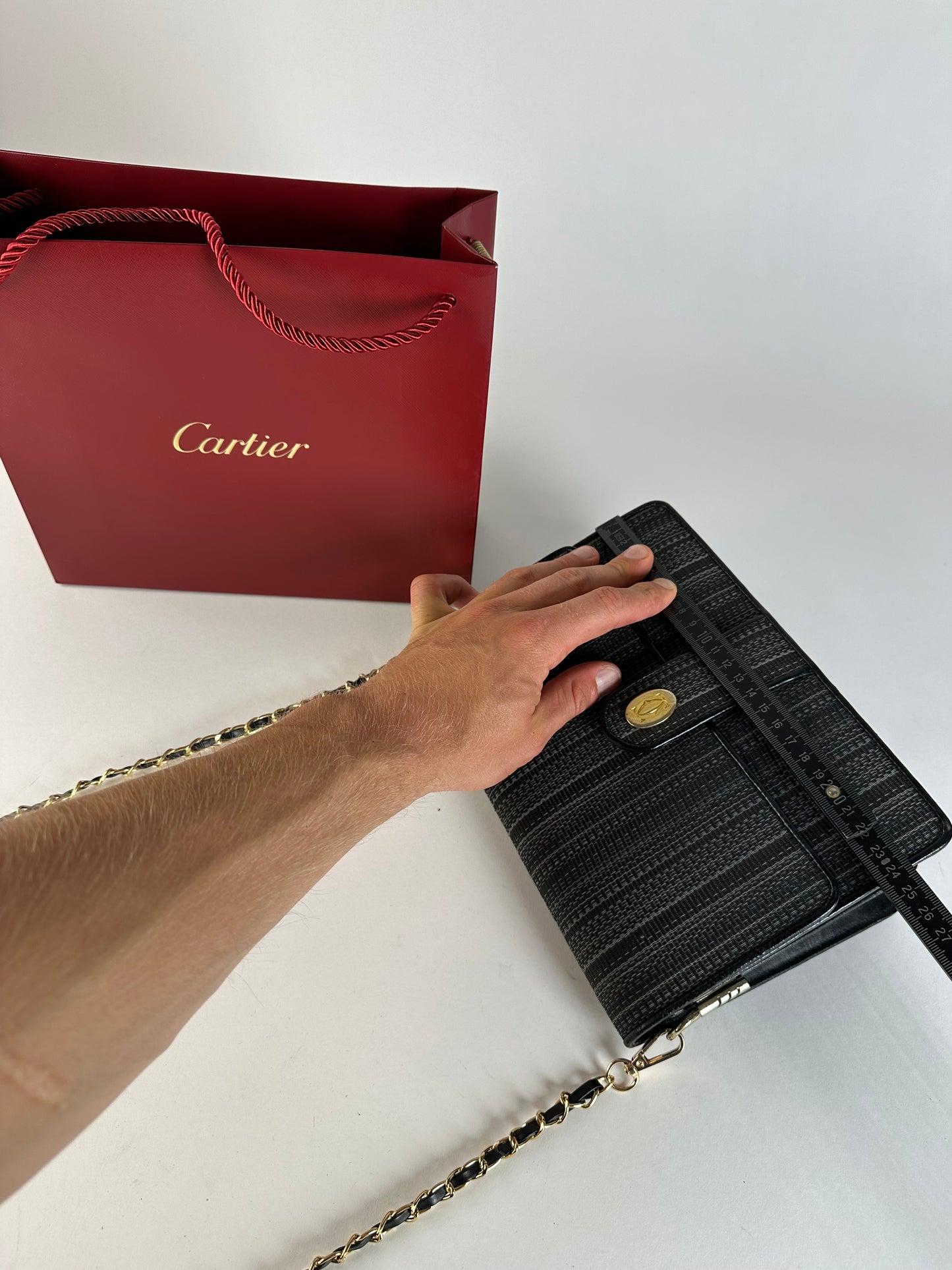 Vintage Cartier Chain Shoulder Bag Black Grey Gold