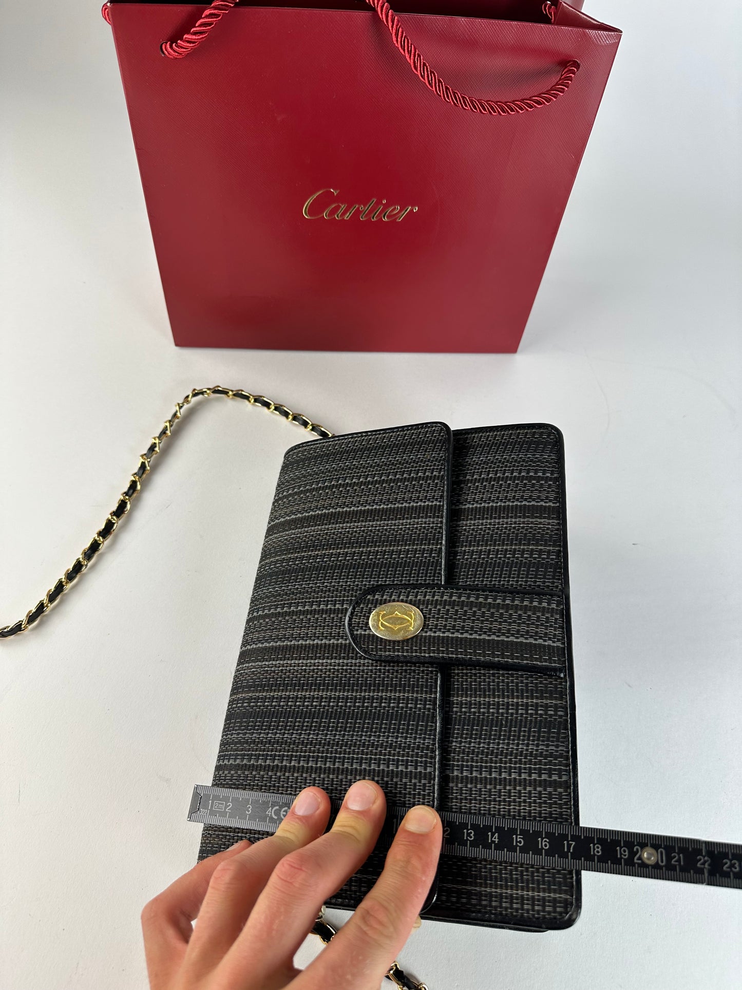 Vintage Cartier Chain Shoulder Bag Black Grey Gold