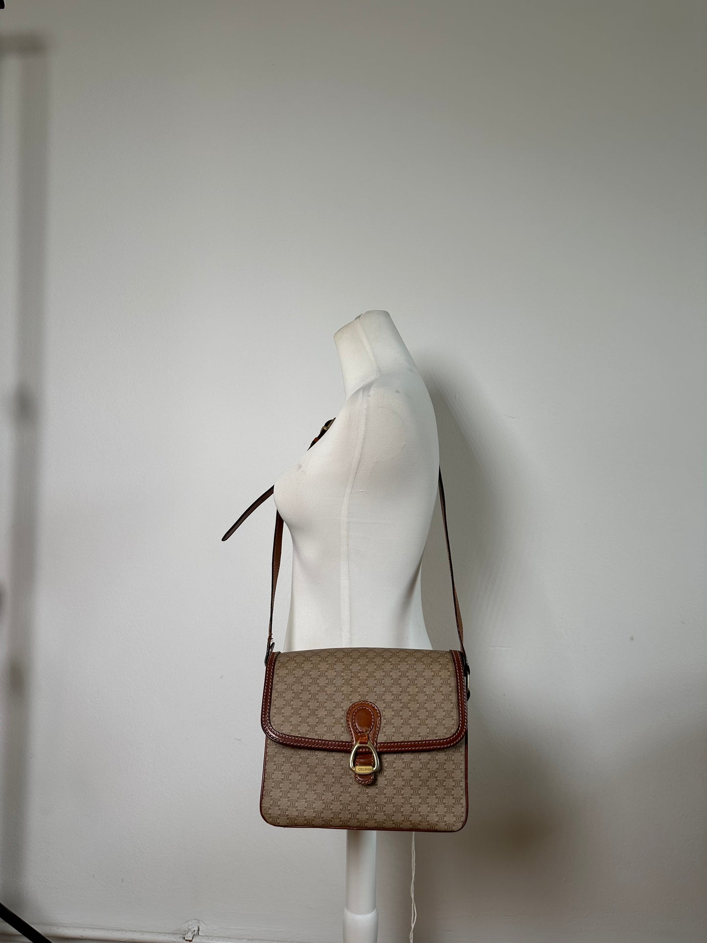 Vintage Celine Monogram Canvas Crossbody Bag Beige Brown Gold