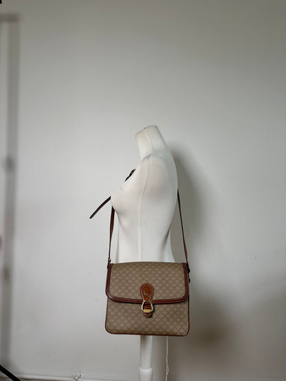 Vintage Celine Monogram Canvas Crossbody Bag Beige Brown Gold