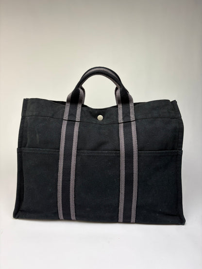 Vintage Hermes Victoria Canvas Tote Black Grey