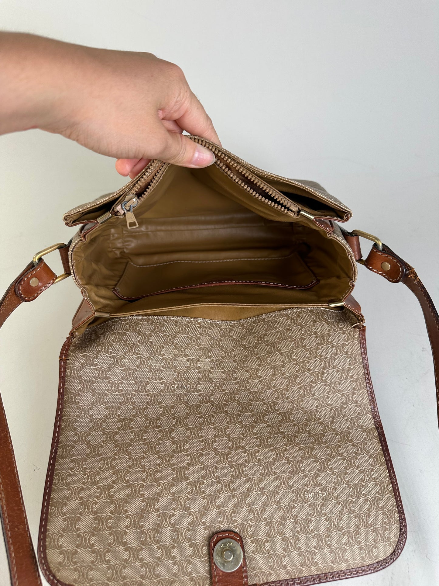 Vintage Celine Monogram Canvas Crossbody Bag Beige Brown Gold