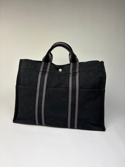 Vintage Hermes Victoria Canvas Tote Black Grey
