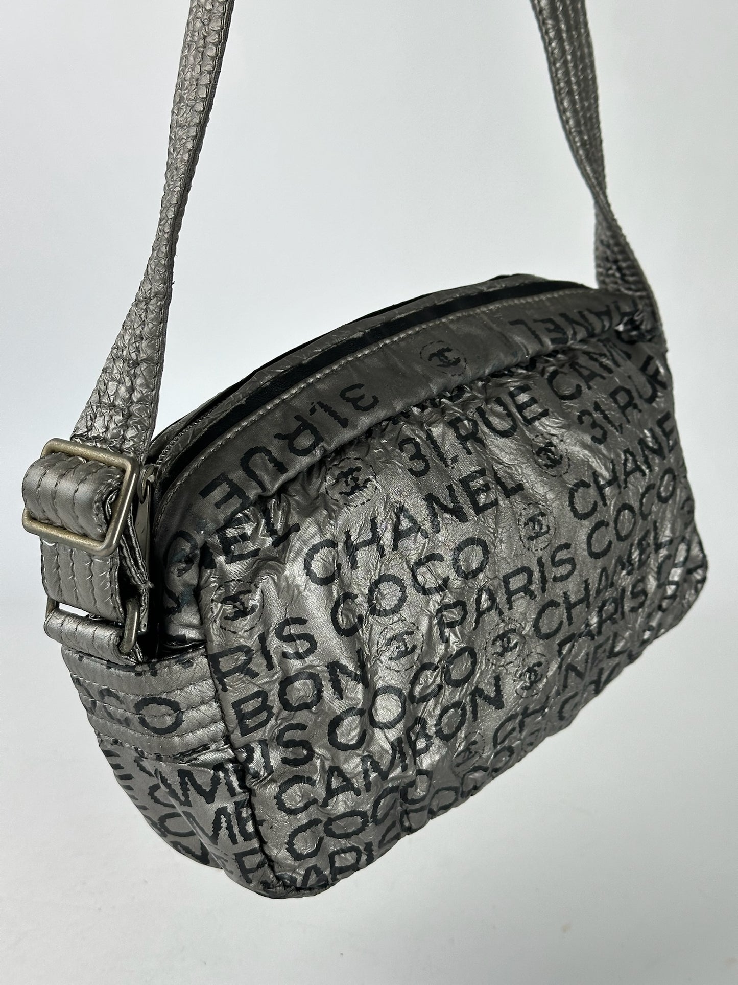 Vintage Chanel Momogram Shoulder Bag Silver Black