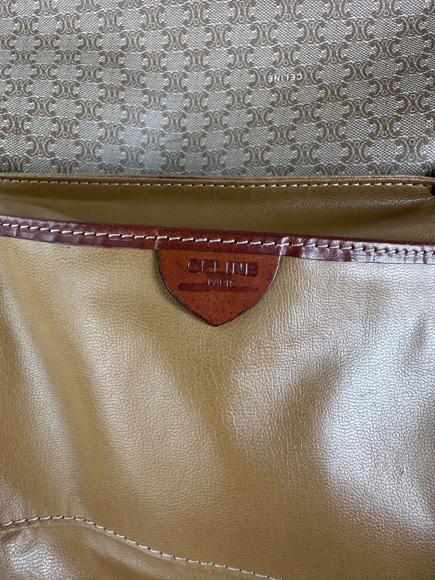 Vintage Celine Monogram Canvas Crossbody Bag Beige Brown Gold