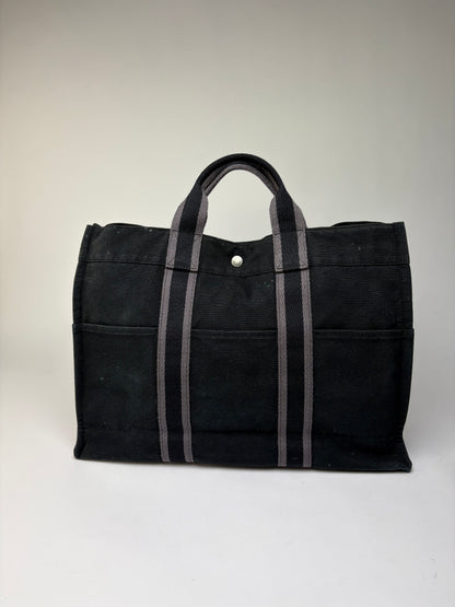 Vintage Hermes Victoria Canvas Tote Black Grey