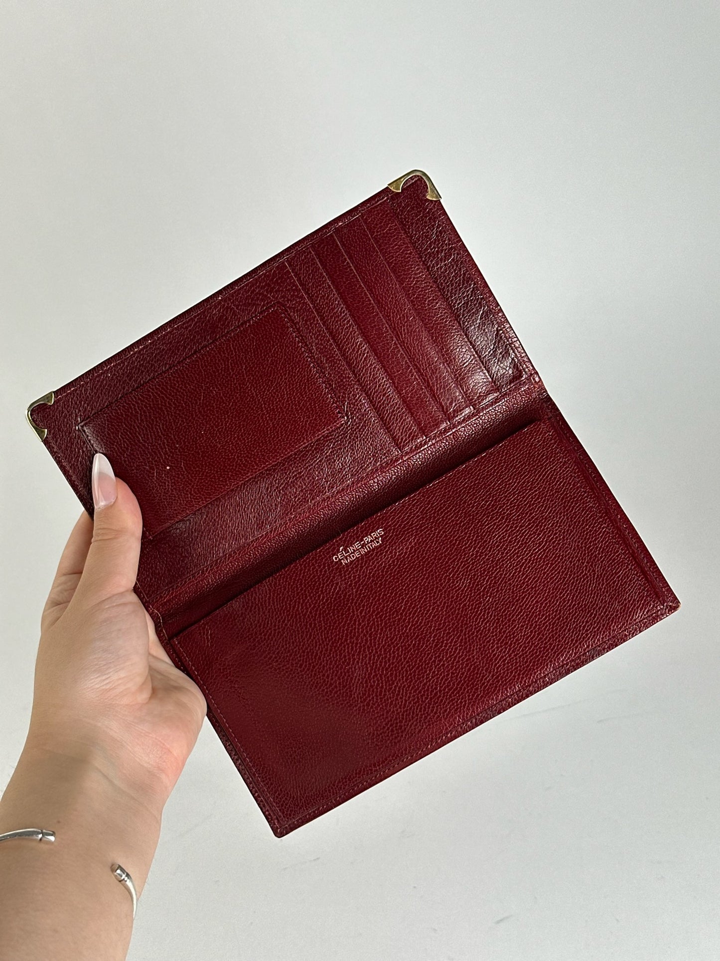 Porte-cartes vintage en cuir Céline Paris, I'd holder bordeaux