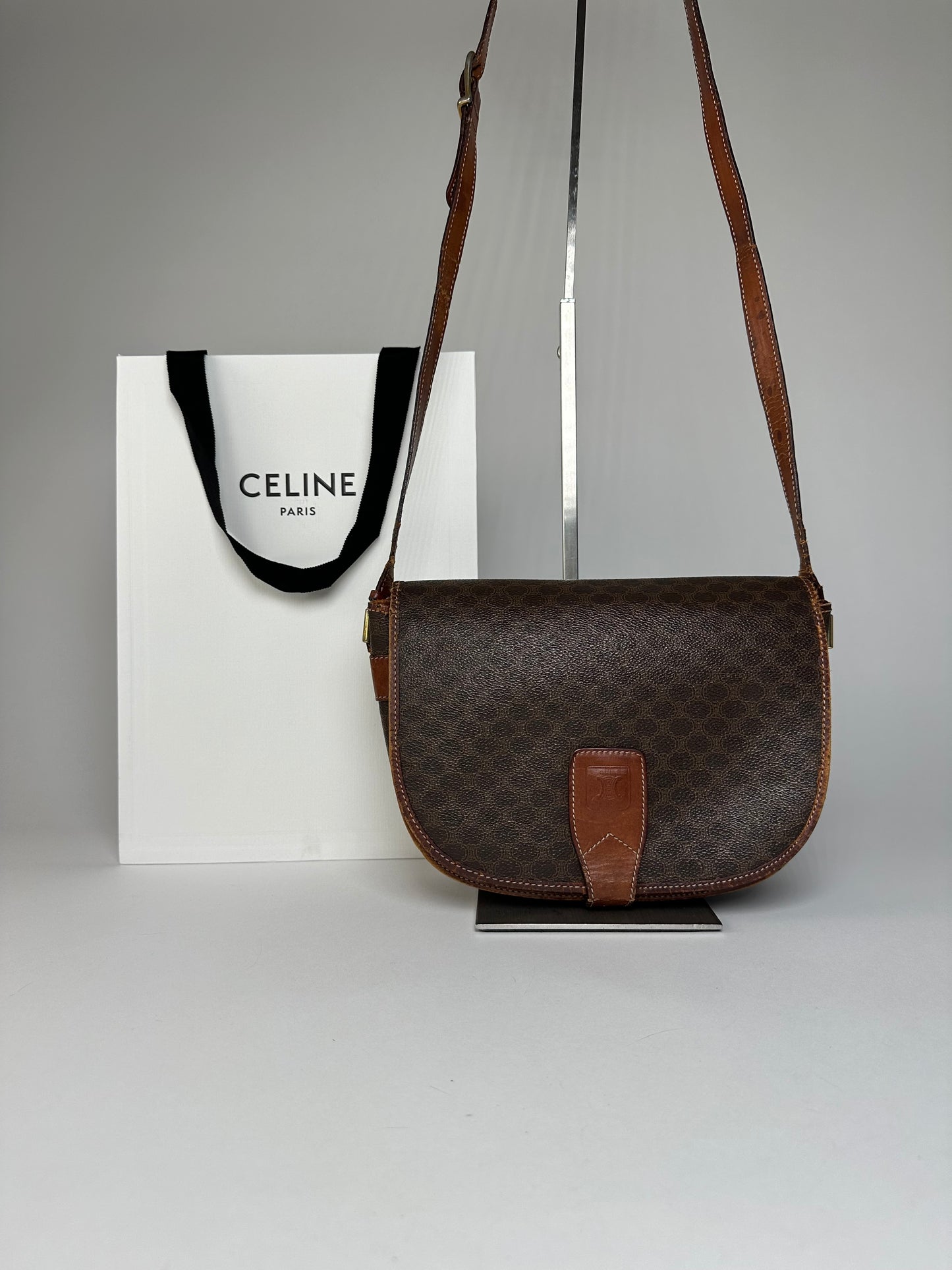 Vintage Celine Paris Triomphe Monogram Leather Shoulder Bag Brown