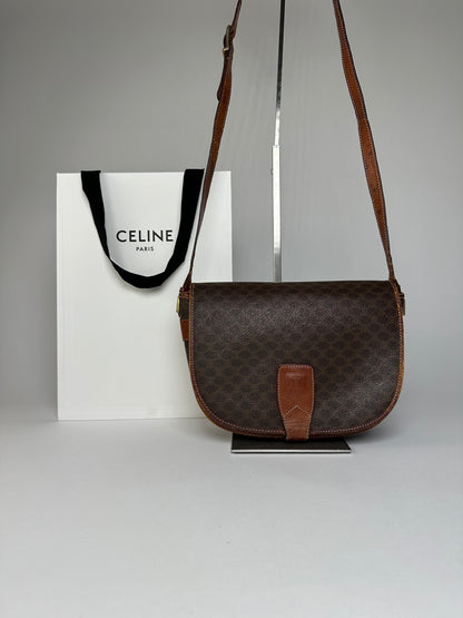 Vintage Celine Paris Triomphe Monogram Leather Shoulder Bag Brown