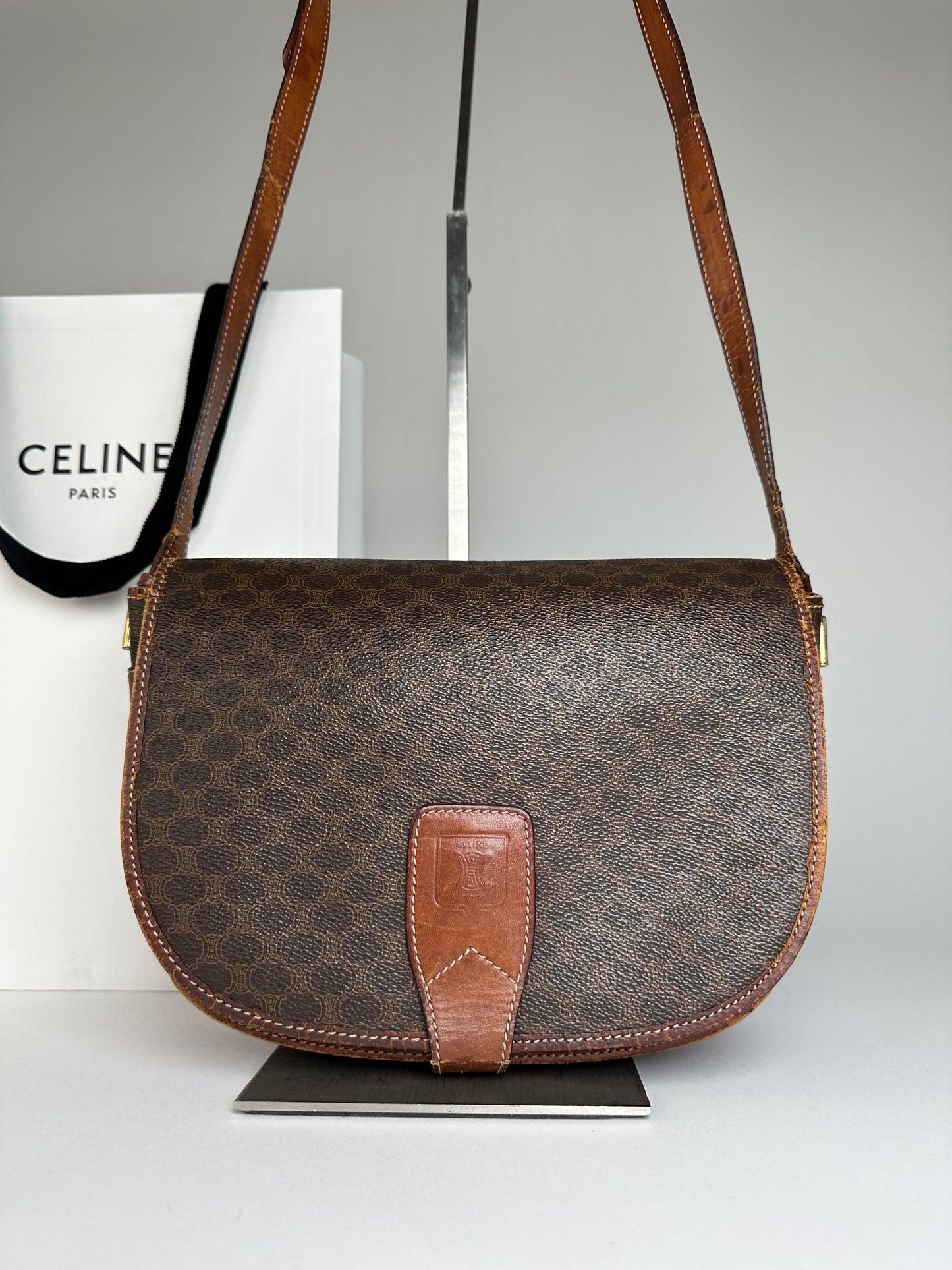 Vintage Celine Paris Triomphe Monogram Leather Shoulder Bag Brown