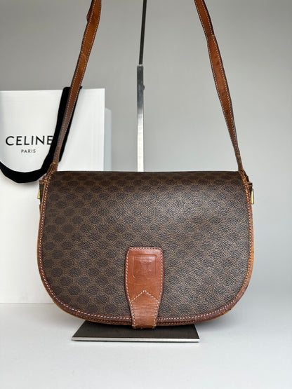 Vintage Celine Paris Triomphe Monogram Leather Shoulder Bag Brown