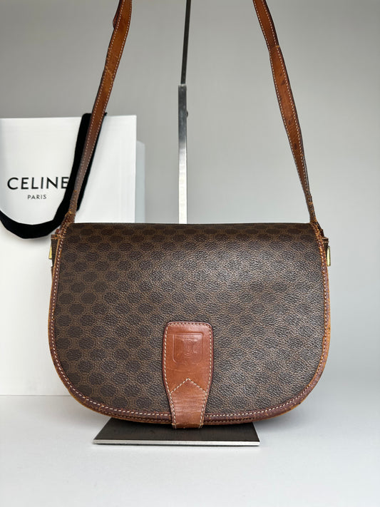 Vintage Celine Paris Triomphe Monogram Leather Shoulder Bag Brown