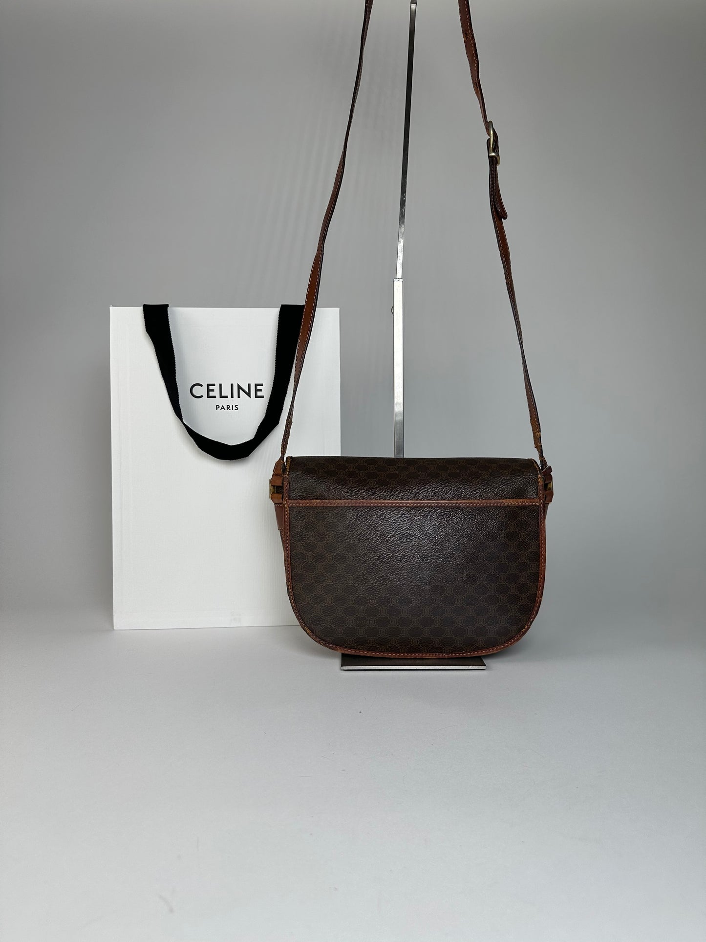 Vintage Celine Paris Triomphe Monogram Leather Shoulder Bag Brown