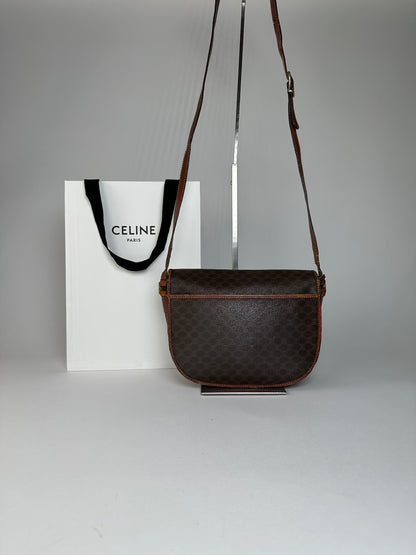 Vintage Celine Paris Triomphe Monogram Leather Shoulder Bag Brown
