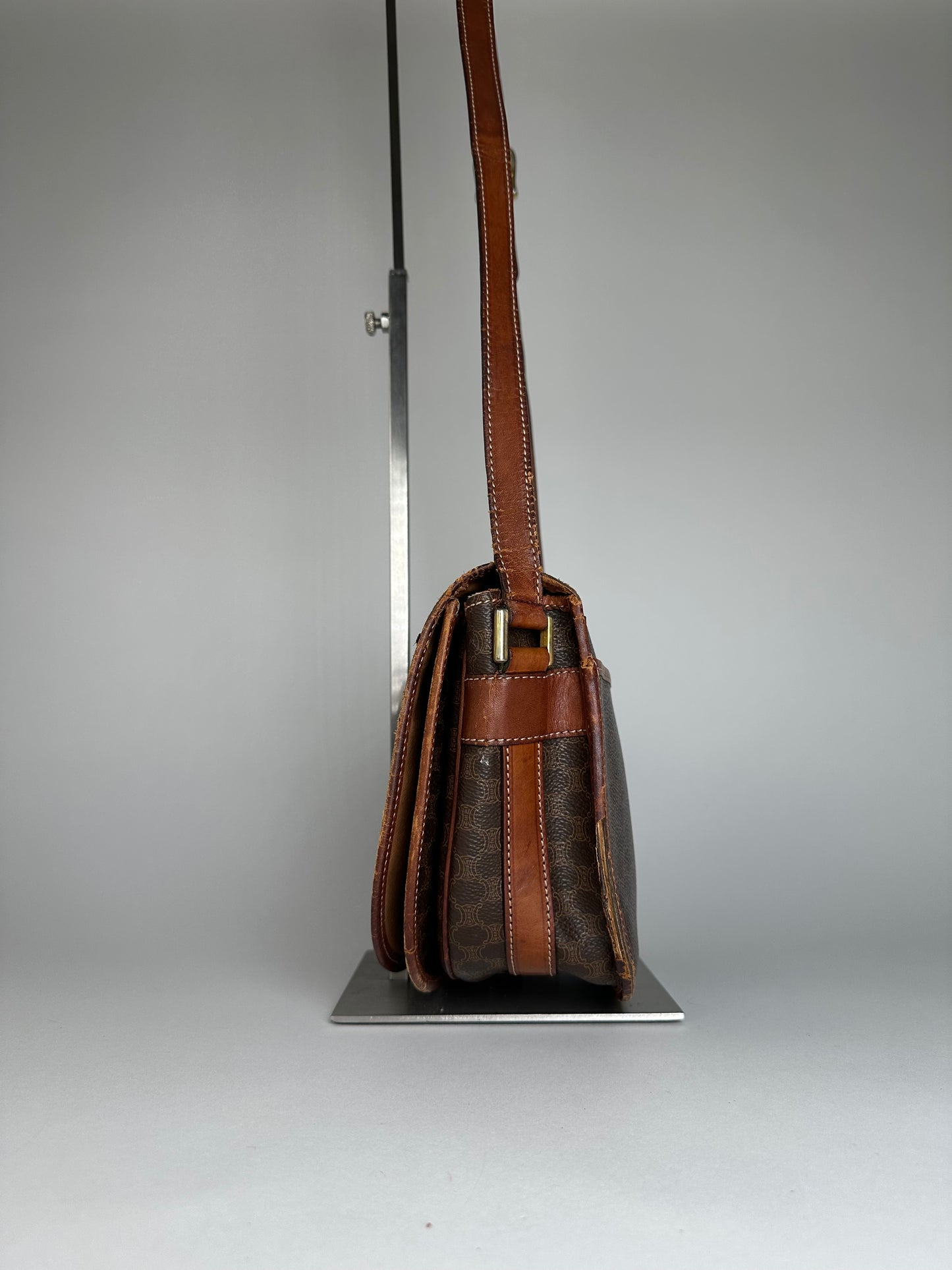 Vintage Celine Paris Triomphe Monogram Leather Shoulder Bag Brown