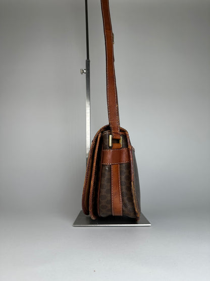 Vintage Celine Paris Triomphe Monogram Leather Shoulder Bag Brown