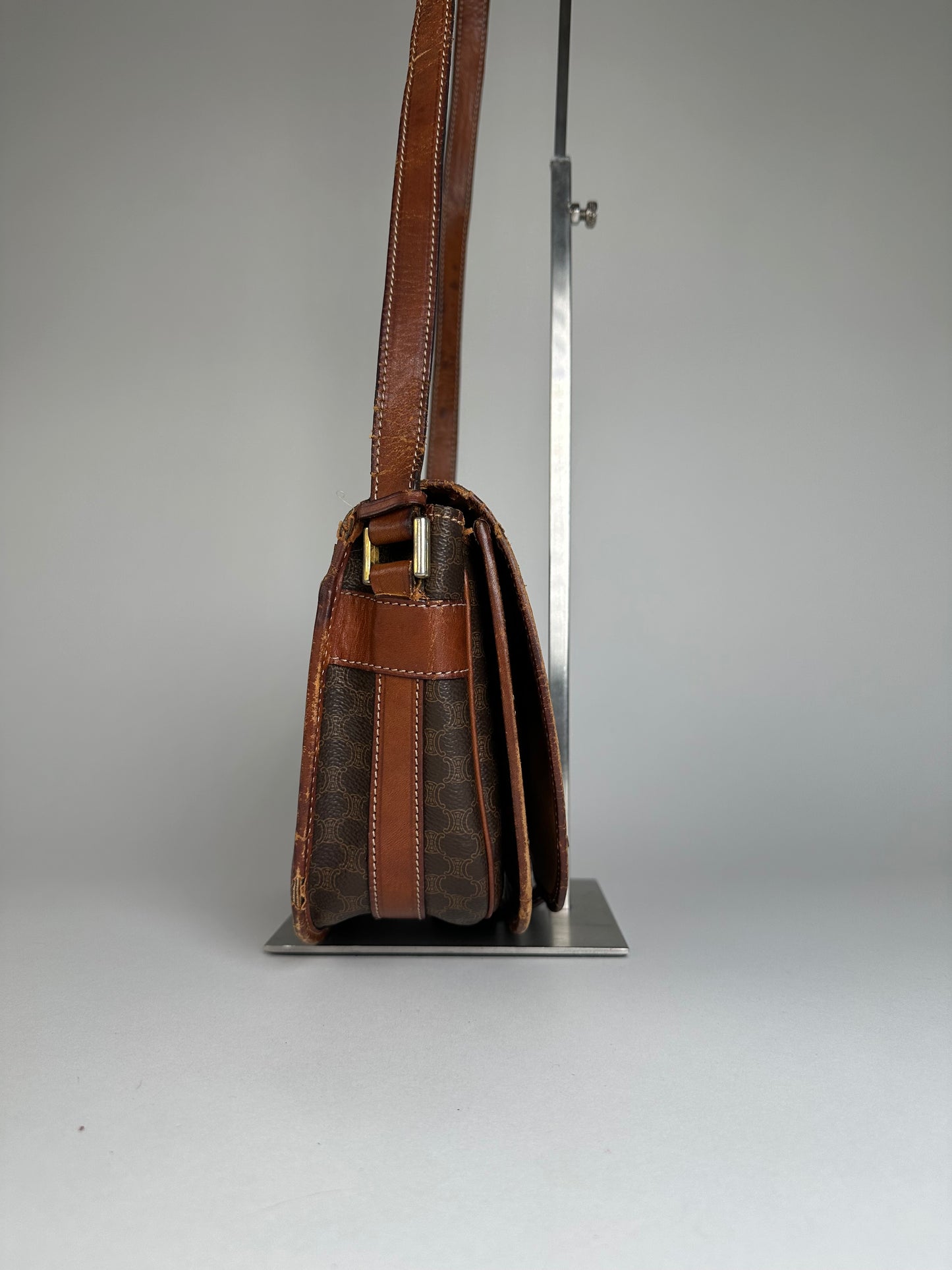 Vintage Celine Paris Triomphe Monogram Leather Shoulder Bag Brown