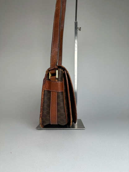 Vintage Celine Paris Triomphe Monogram Leather Shoulder Bag Brown