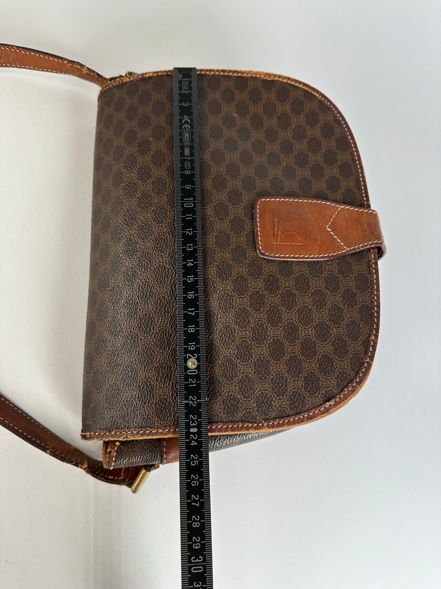 Vintage Celine Paris Triomphe Monogram Leather Shoulder Bag Brown