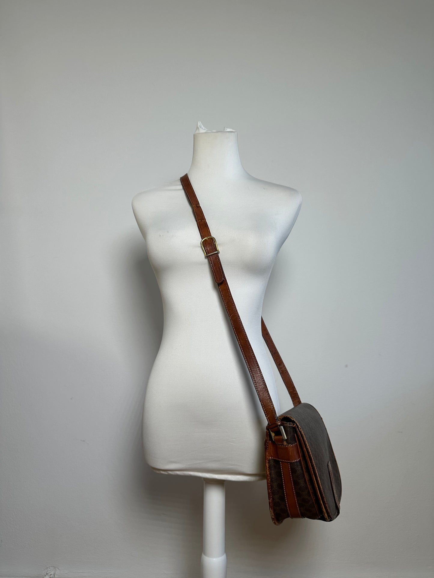 Vintage Celine Paris Triomphe Monogram Leather Shoulder Bag Brown