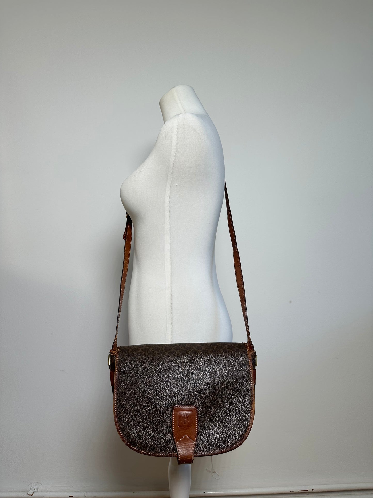 Vintage Celine Paris Triomphe Monogram Leather Shoulder Bag Brown