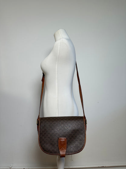 Vintage Celine Paris Triomphe Monogram Leather Shoulder Bag Brown