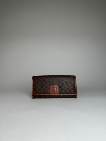Vintage Celine Paris Triomphe Monogram Leather Long Wallet Brown