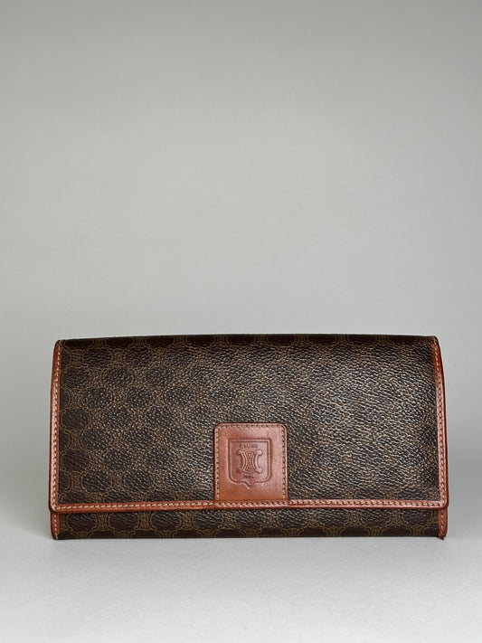 Vintage Celine Paris Triomphe Monogram Leather Long Wallet Brown