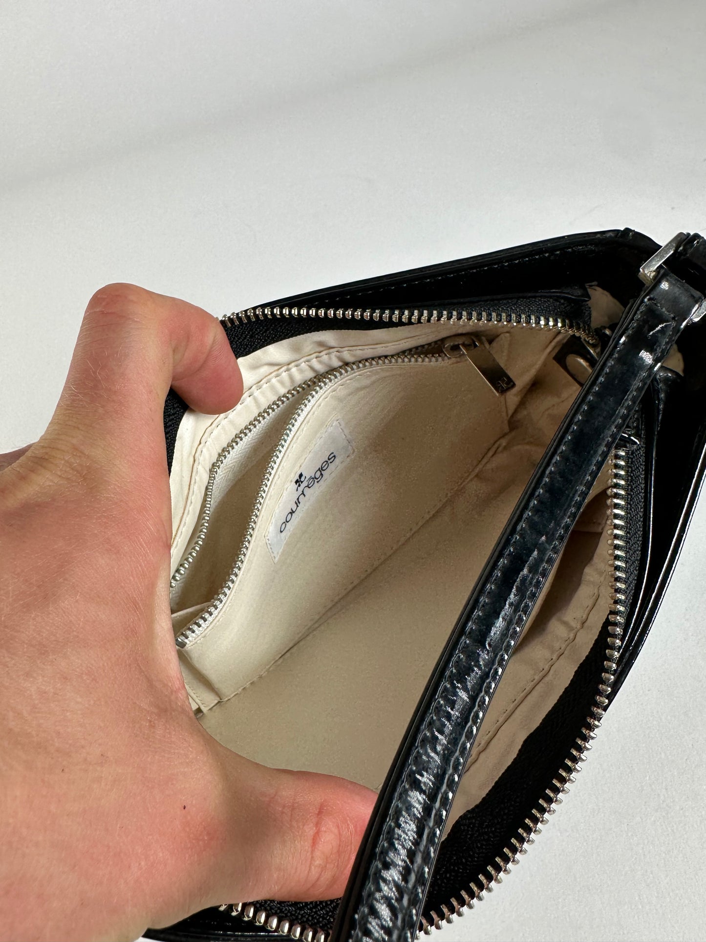Vintage Courreges Patent Leather Clutch Bag Black Silver