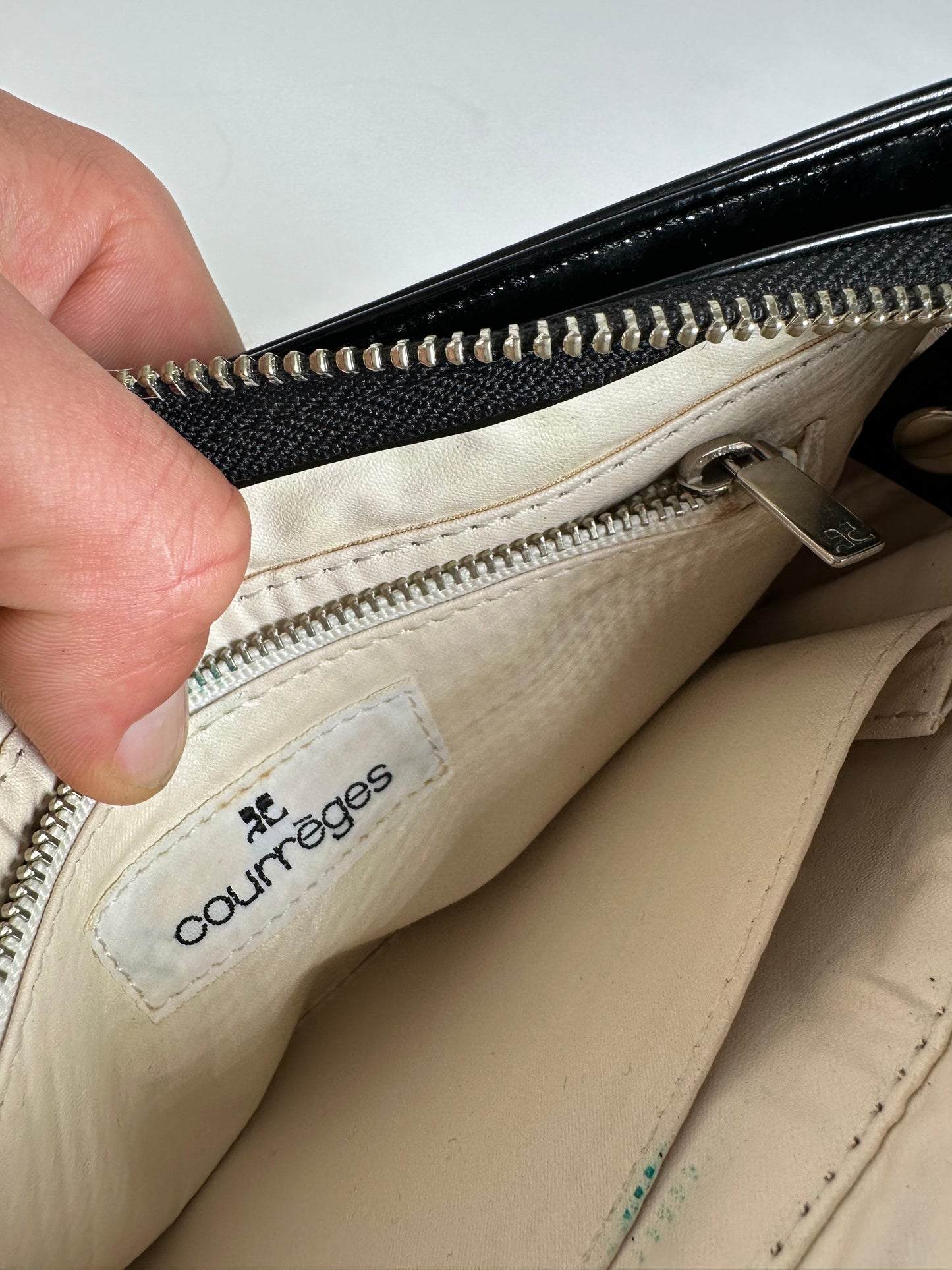 Vintage Courreges Patent Leather Clutch Bag Black Silver