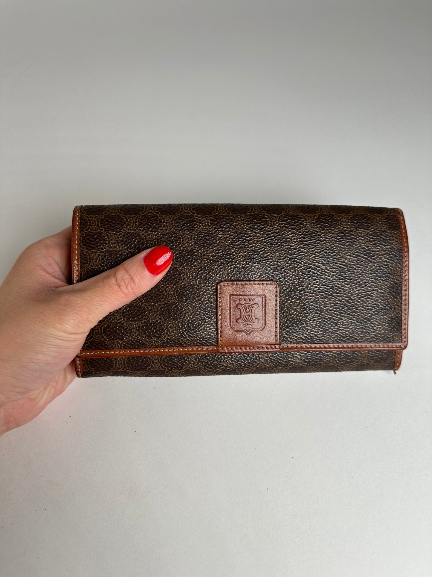 Vintage Celine Paris Triomphe Monogram Leather Long Wallet Brown