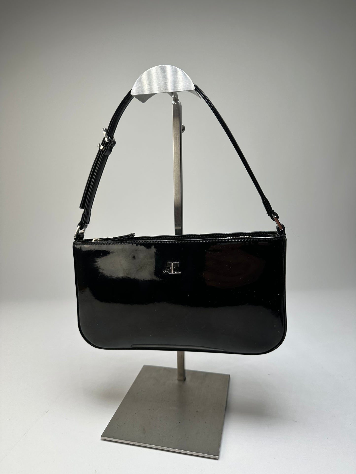 Vintage Courreges Patent Leather Clutch Bag Black Silver