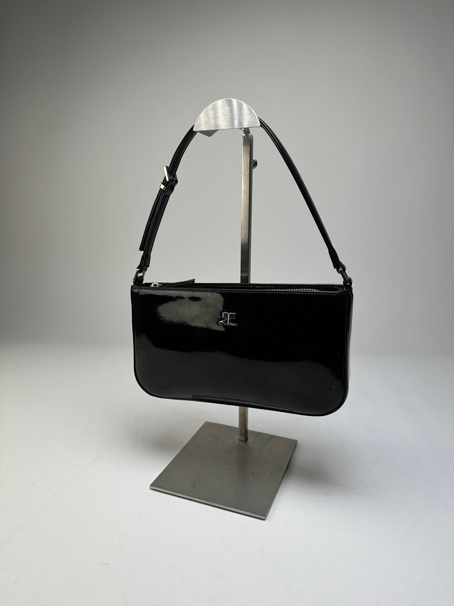 Vintage Courreges Patent Leather Clutch Bag Black Silver