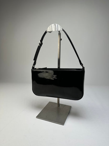 Vintage Courreges Patent Leather Clutch Bag Black Silver